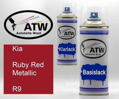 Kia, Ruby Red Metallic, R9: 400ml Sprühdose + 400ml Klarlack - Set, von ATW Autoteile West.